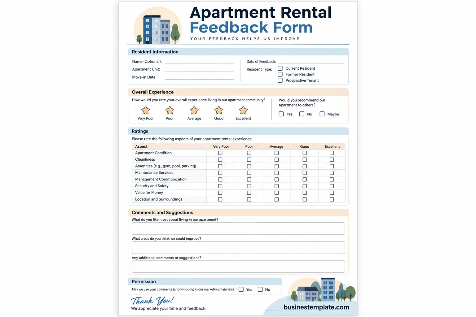 Printable apartment rental feedback form template for collecting tenant satisfaction and resident feedback