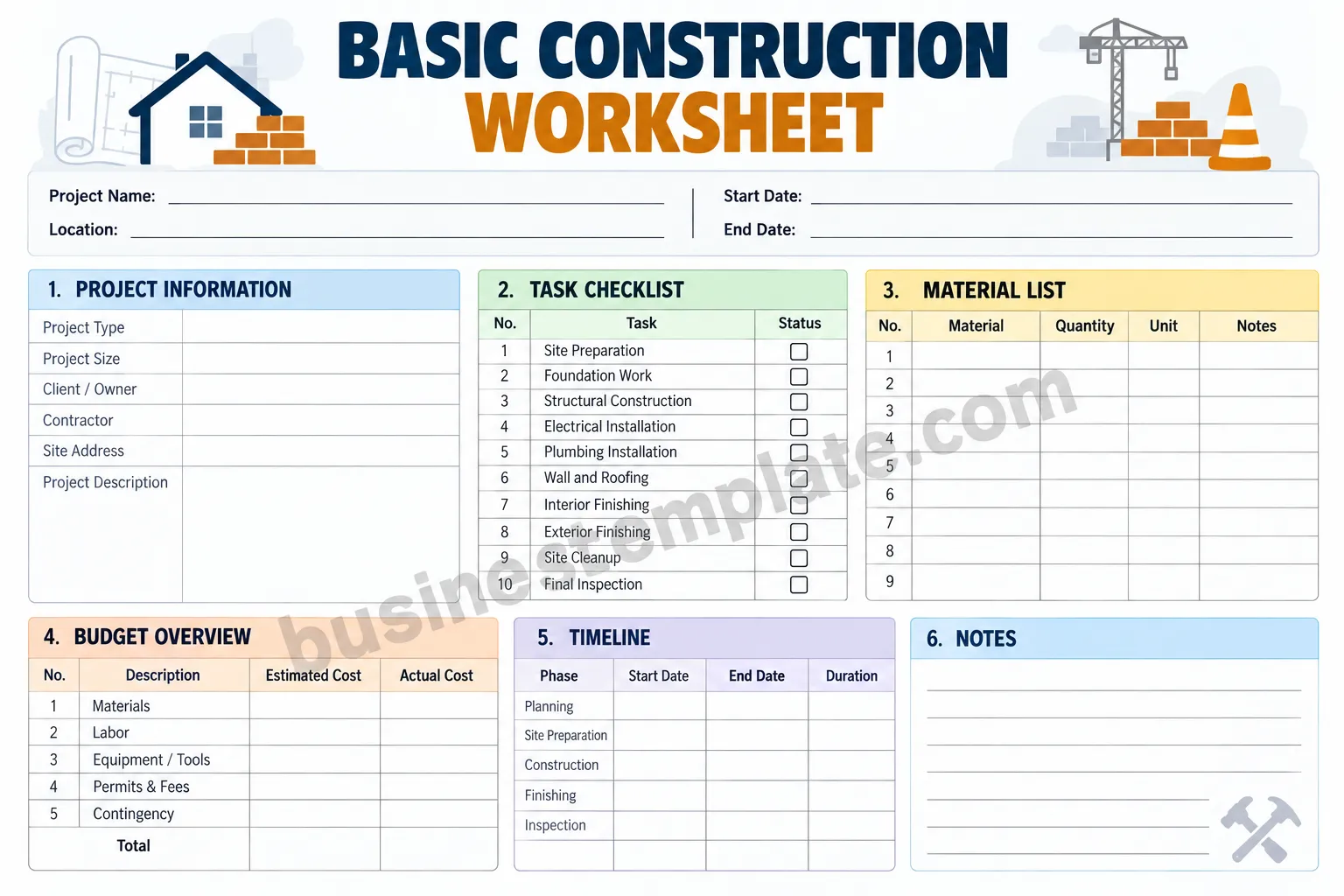 Basic construction worksheet template for project planning, materials, budget, tasks, and timeline