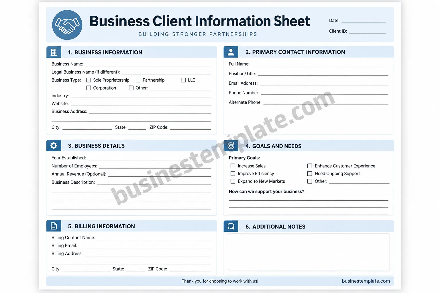 Printable business client information sheet template for organizing company and contact details