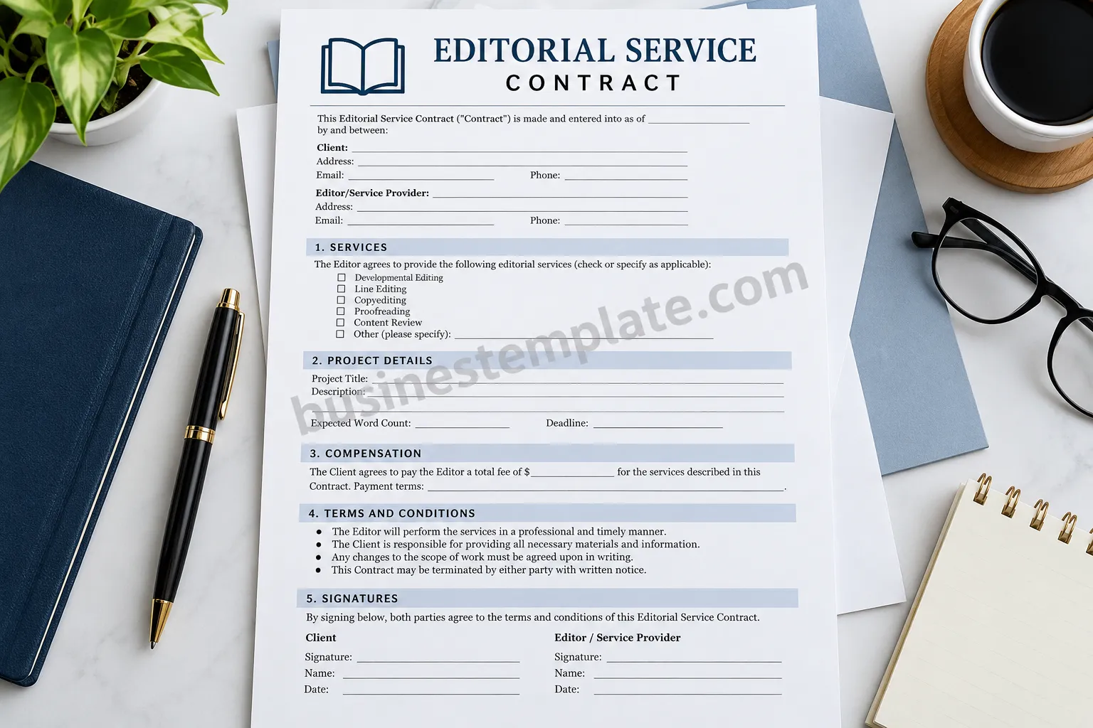 Printable editorial service contract template with sections for services, project details, compensation, terms, and signatures
