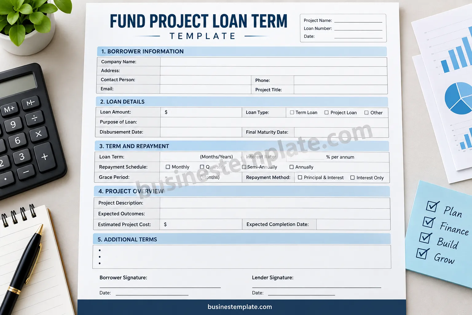 Fund project loan term template for organizing project financing, loan amount, repayment terms, and project details