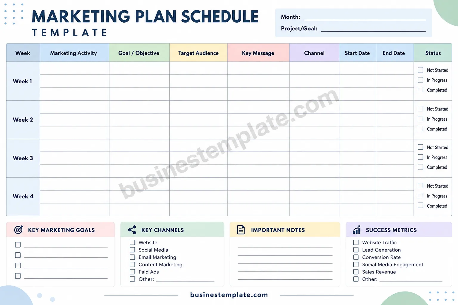 Printable marketing plan schedule template with weekly activities, goals, channels, dates, and success metrics