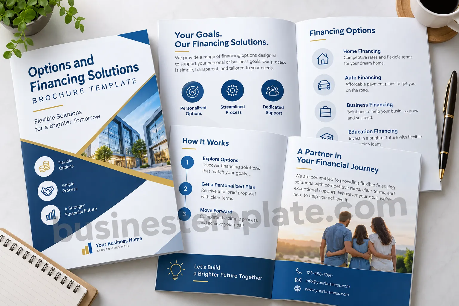 Professional options and financing solutions brochure template with financing choices and business information