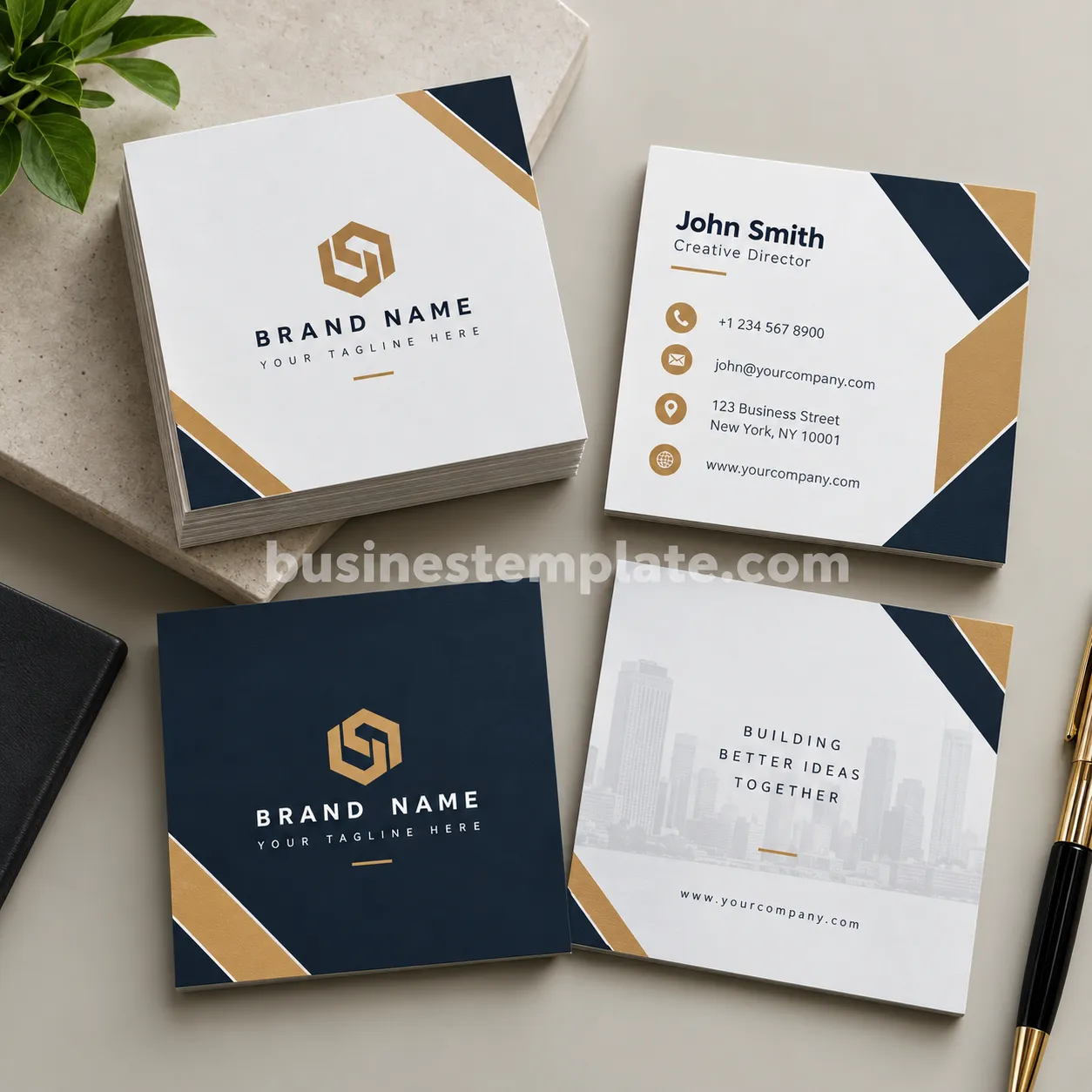 Modern square business card template with navy, white, and gold design